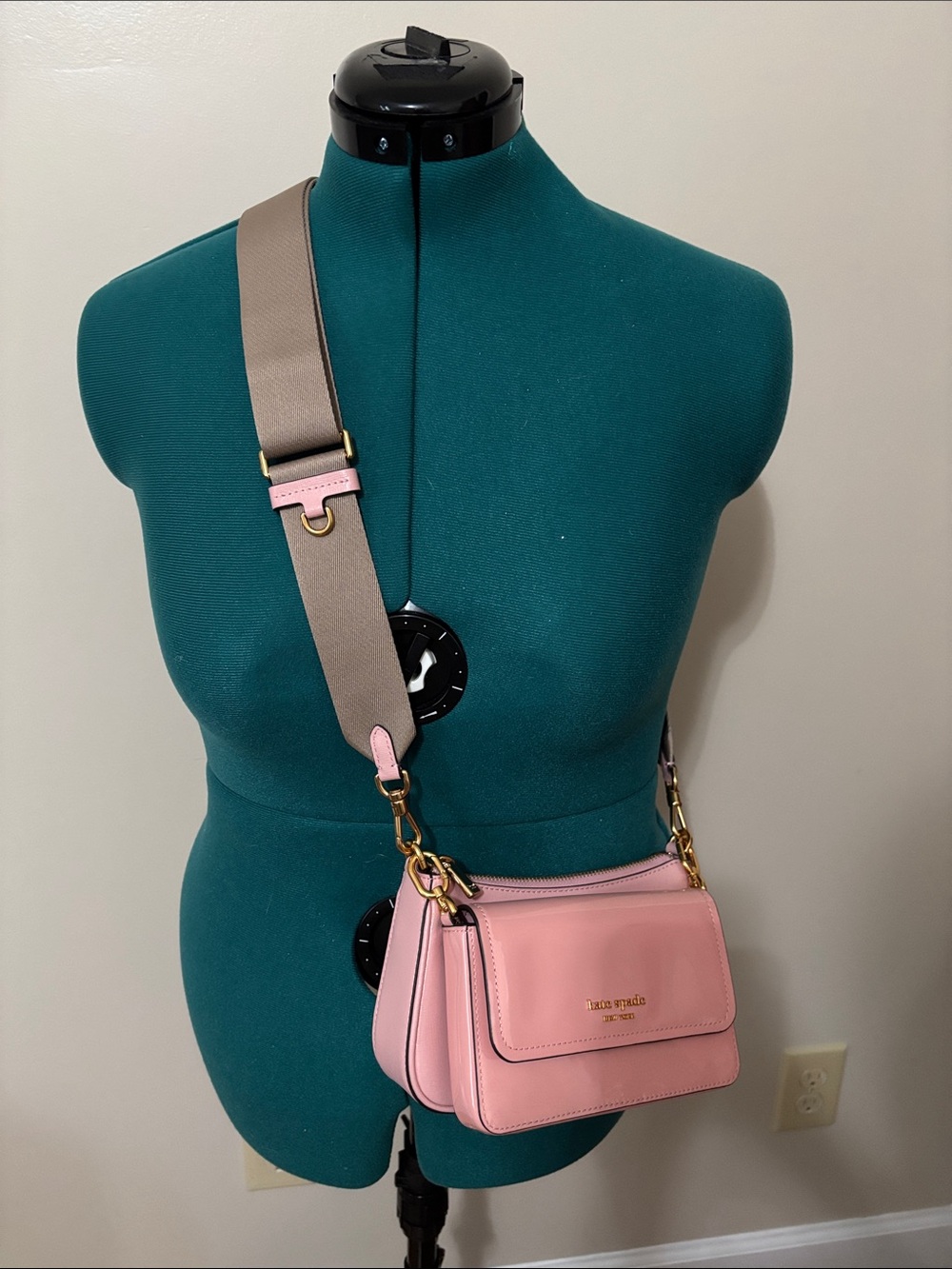 kate spade Pink Leather Crossbody with Wide Taupe Strap
